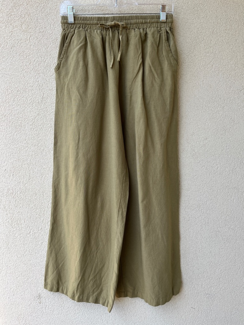 Olive Green Drawstring Linen Blend Casual Pants
